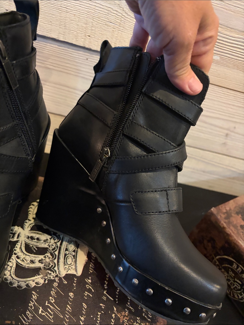 Harley-Davidson Black Leather Wedge Booties with Studded Platform and Buckles - Picture 7 of 8